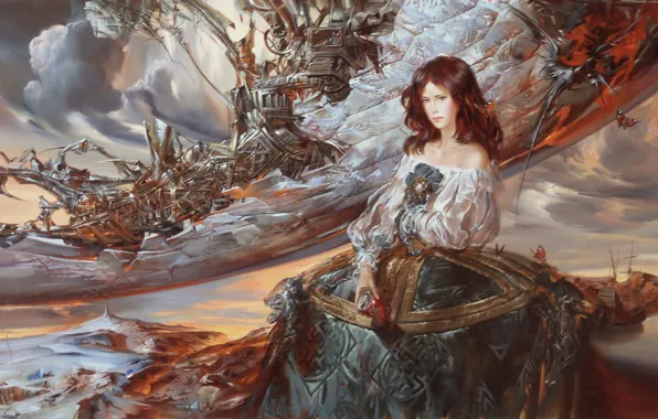 Picture girl, mountains, fiction, ship, picture, dress, Ivan Slavinsky