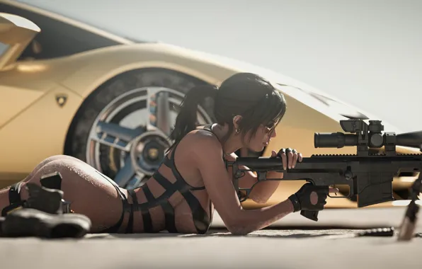 Sniper, lara croft, tomb raider, Lara Croft, game art, lambogini, game erotica