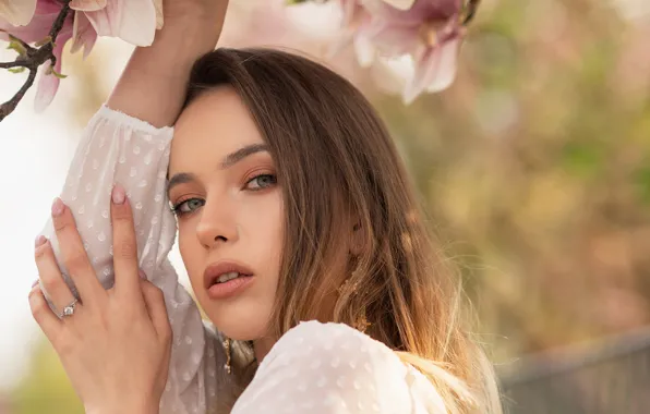 Picture look, girl, branches, face, model, makeup, ring, beauty