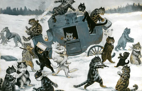 Picture Winter, Snow, Coach, Picture, Cats, English artist, Louis William Wain, Louis William Wayne