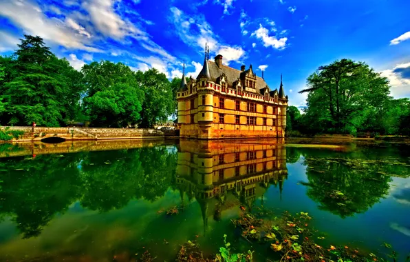 Picture the sky, trees, pond, castle