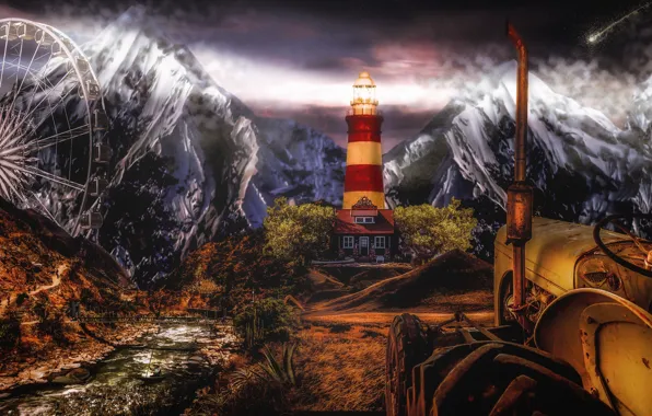 Mountains, lighthouse, wheel, art, comet, tractor
