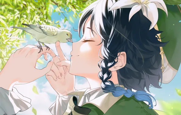 The sky, tree, bird, Lily, boy, Genshin Impact, Twenty