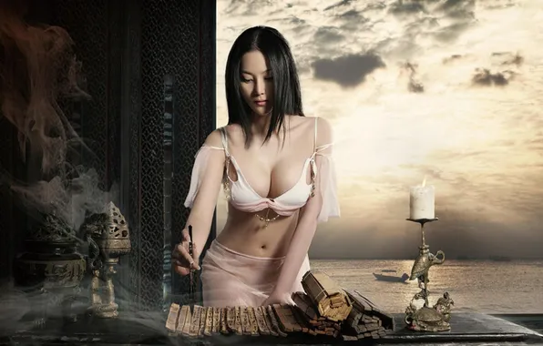 Picture chest, the sky, girl, face, candle, Asian, beautiful