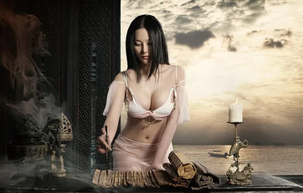 Chest, the sky, girl, face, candle, Asian, beautiful
