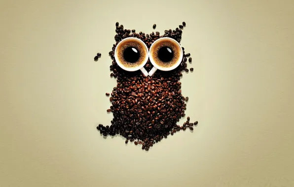 Picture coffee, owl, coffee beans, cups of coffee