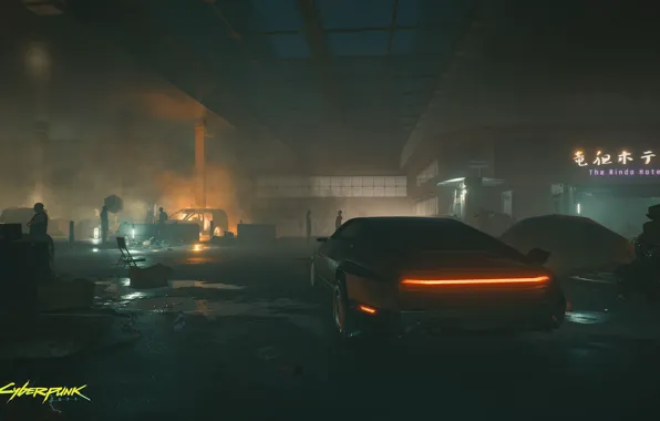 Picture machine, smoke, people, garage, cyberpunk, Cyberpunk 2077