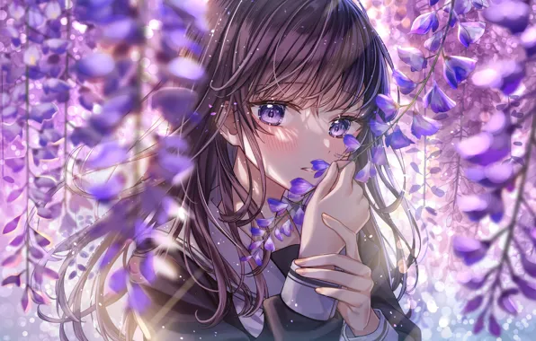 Girl, flowers, spring, Wisteria