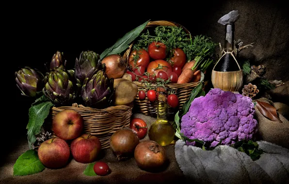 Greens, leaves, wine, apples, bottle, oil, food, towel