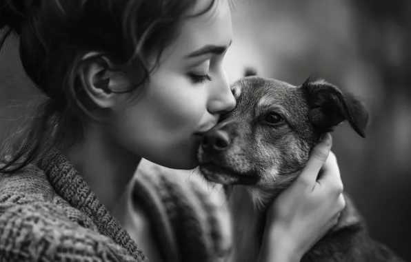 Girl, pose, hand, kiss, dog, weasel, face, friends