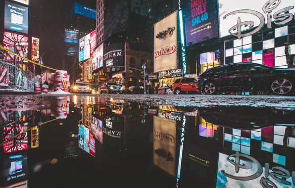 Reflection, street, New York, neon, camera, mirror, puddle, Manhattan