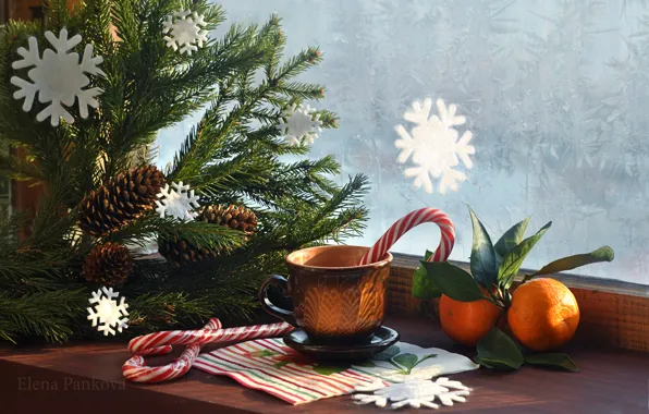 Picture tree, window, mug, New year, Christmas, bumps, New Year, tangerines