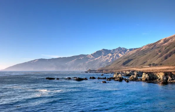 The sky, water, mountains, blue, the ocean, CA, the coast
