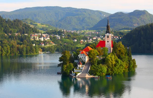 Forest, trees, mountains, lake, island, home, boats, Church