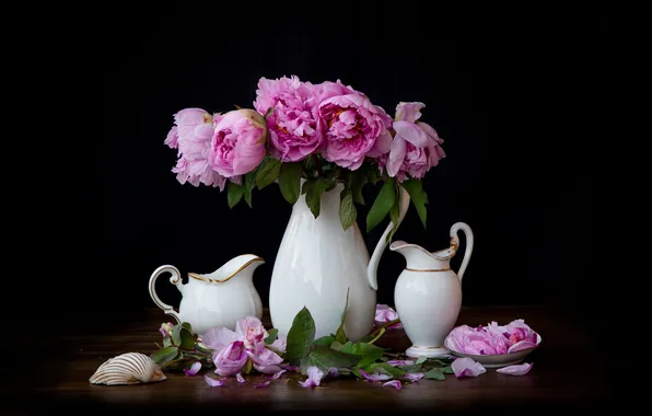Leaves, flowers, the dark background, table, bouquet, spring, petals, shell