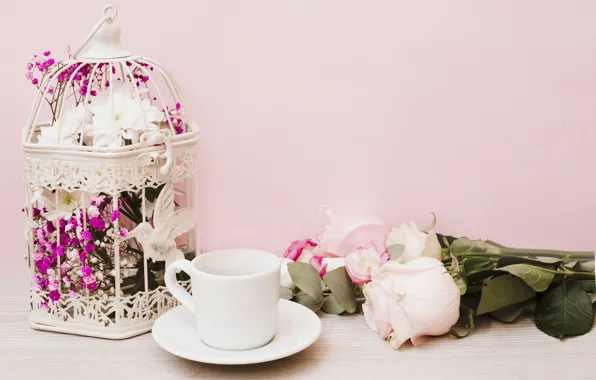 Flowers, roses, bouquet, pink, flowers, coffee cup, roses, Cup and saucer