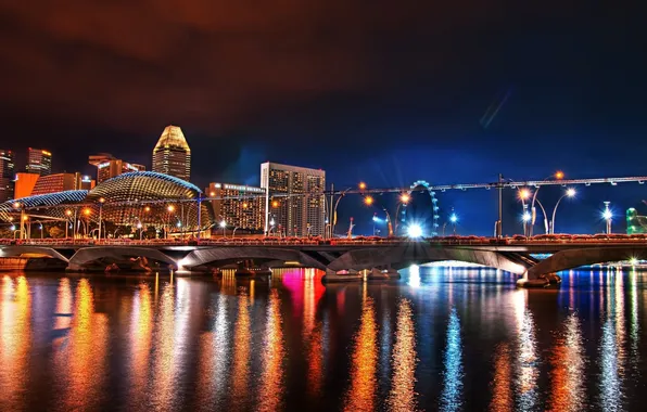 Water, bridge, the city, reflection, night, Singapore