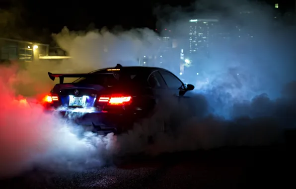 Night, blue, smoke, view, bmw, BMW, back, smoke