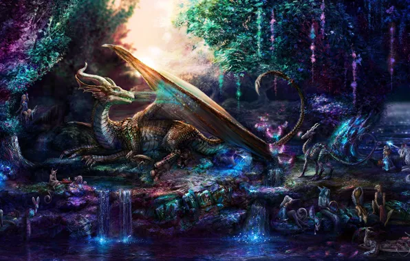 Dragon, mystic, elves, miracles, fairy forest, fawn