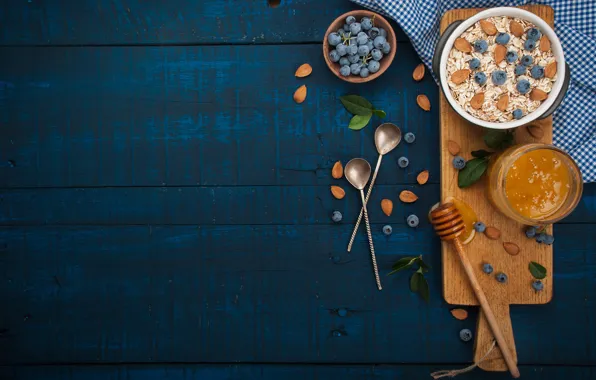 Food, Breakfast, honey, grapes, nuts, spoon, cereal, Ksenia Ogurechnikov