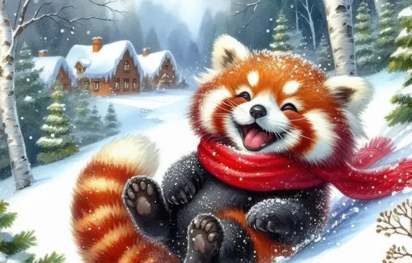 Winter, forest, snow, joy, new year, laughter, scarf, slide