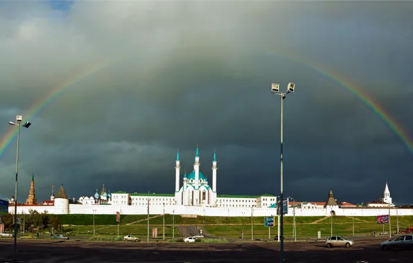 Clouds, rainbow, mosque, Kazan, Tatarstan, Kul-Sharif, the Kazan Kremlin