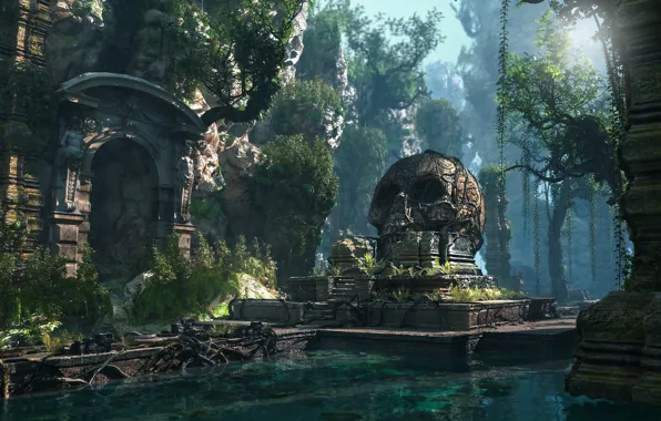 Mountains, skull, temple, pond, Lost Civilization