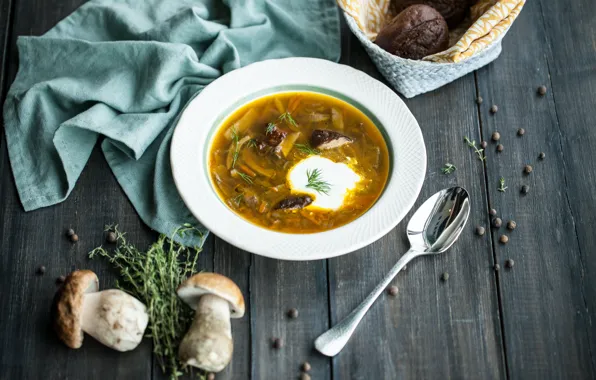 Mushrooms, napkin, Cutlery, mushroom soup, the first dish