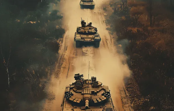 Road, Dust, Retro, Tanks, Digital art, Column, AI art, The Art of Artificial Intelligence