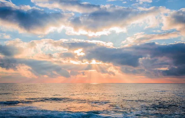 Sea, the sky, the sun, rays, nature, sunrise
