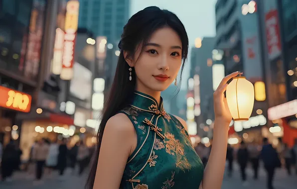 Girl, the city, lamp, earrings, dress, hairstyle, Chinese, Asian