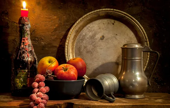 Candle, pitcher, still life, dish, bunch of grapes, An image of the past