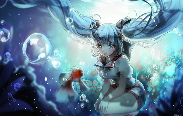 Picture fish, bubbles, tears, vocaloid, hatsune miku, underwater world, long hair, art