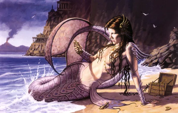 Sea, fiction, shore, figure, mermaid, art, chest, jewelry