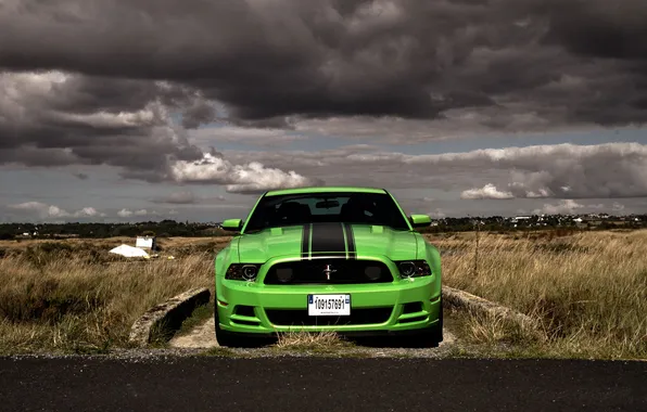 Picture road, field, machine, the sky, clouds, green, mustang, Mustang