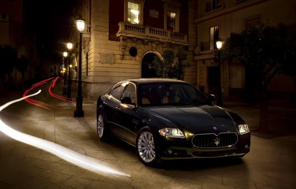Maserati, Quattroporte, Light, Lights, Rays, The building, Lights, On the spot