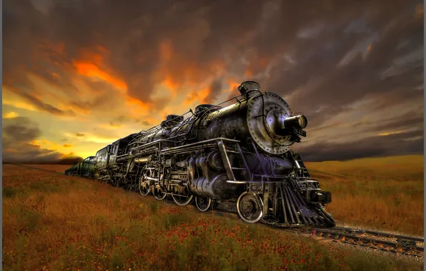 Picture sunset, rails, train, the engine, composition, meadows