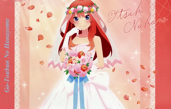Gloves, corset, red, the bride, veil, wedding dress, the bride's bouquet, red apples