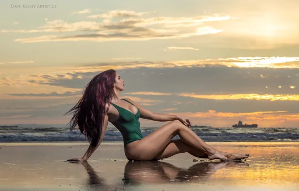Sand, sea, beach, swimsuit, the sky, girl, sunset, pose