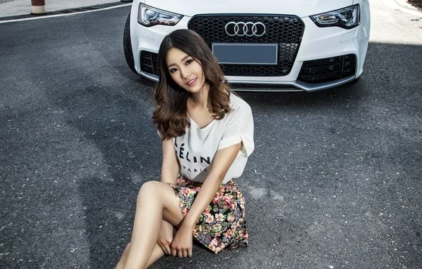 Look, Audi, Girls, Asian, beautiful girl, white car, sitting on the machine