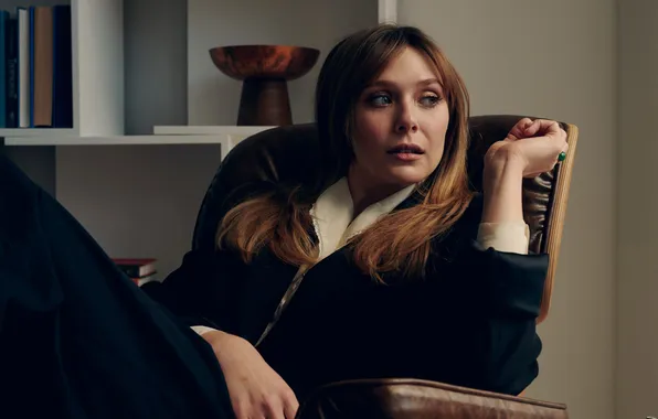 Portrait, actress, brown hair, in the chair, posing, sitting, Elizabeth Olsen, Elizabeth Olsen