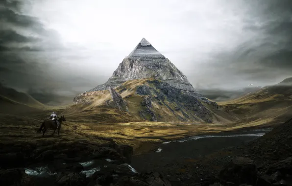 Mountain, Clouds, Pyramid, The building, Landscape, Architecture, Art, Art