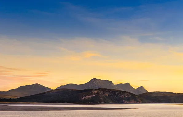 Sea, sunset, mountains, hills, Scotland