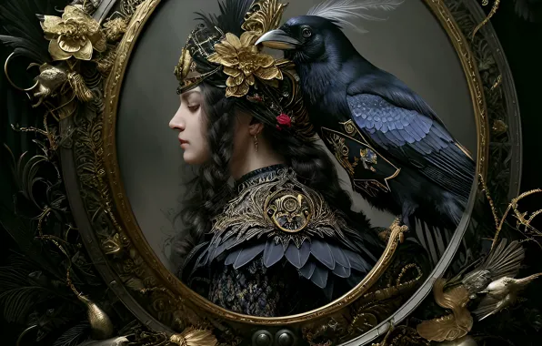 Girl, decoration, bird, portrait, round, feathers, brunette, art