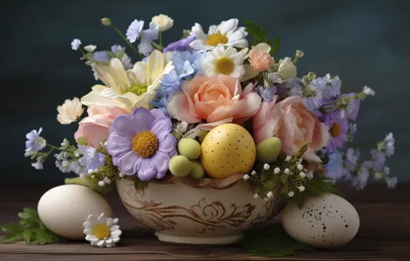Flowers, table, holiday, egg, eggs, bouquet, spring, Easter