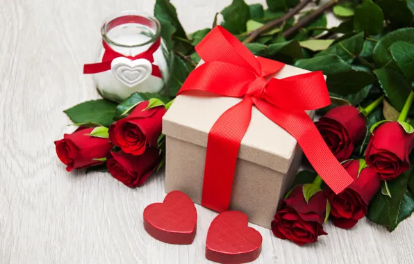 Love, gift, roses, hearts, red, red, love, romantic