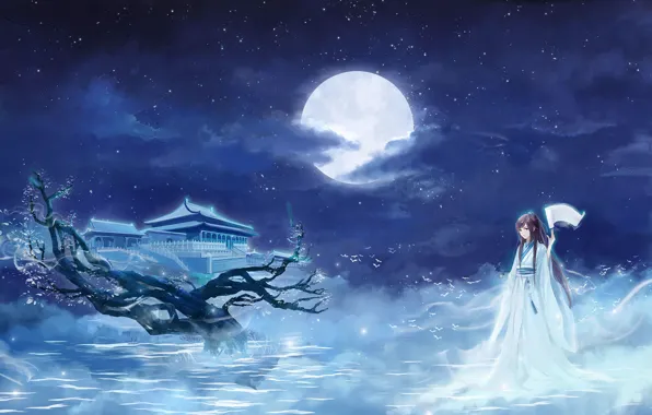 Picture girl, stars, clouds, night, The moon, Sakura, temple, kimono