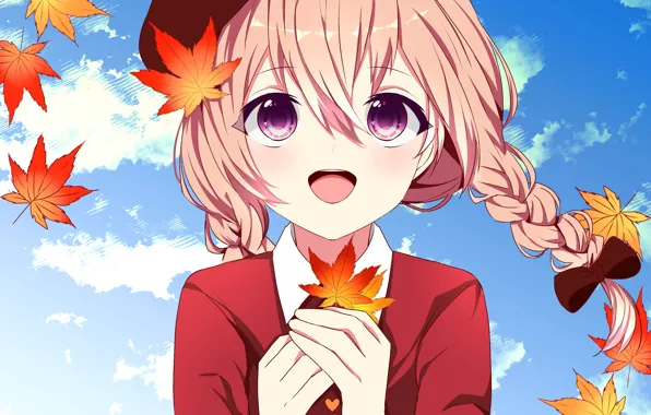 Autumn, girl, fallen leaves, by 萌