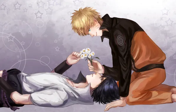 Picture flower, smile, male, blue eyes, naruto, short hair, high resolution, lying