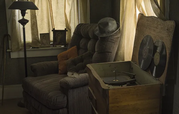 Room, chair, vinyl, record player